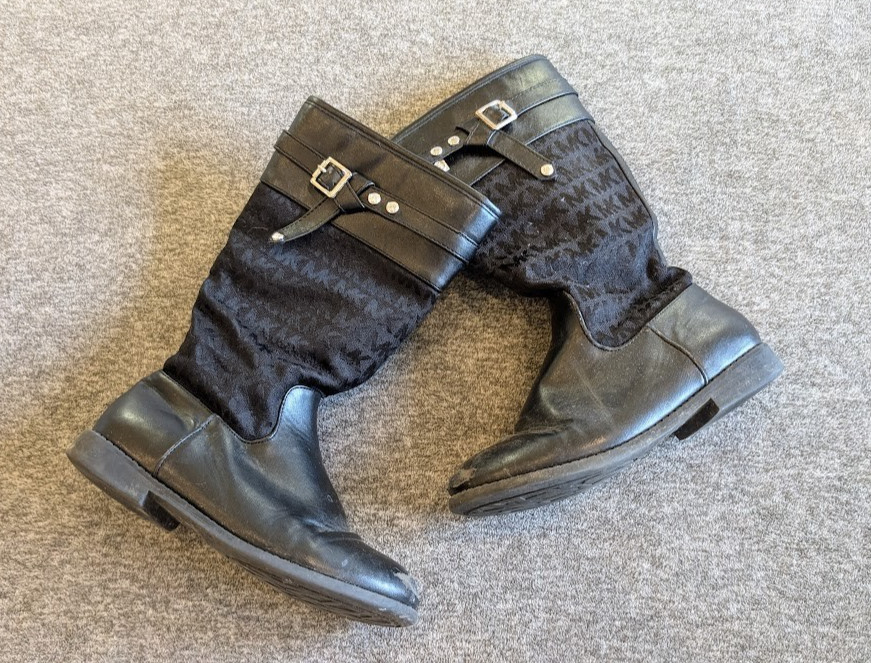 Michael Kors Girls Boots Size 1 Black Buckle Mid Calf Boots MK Logo