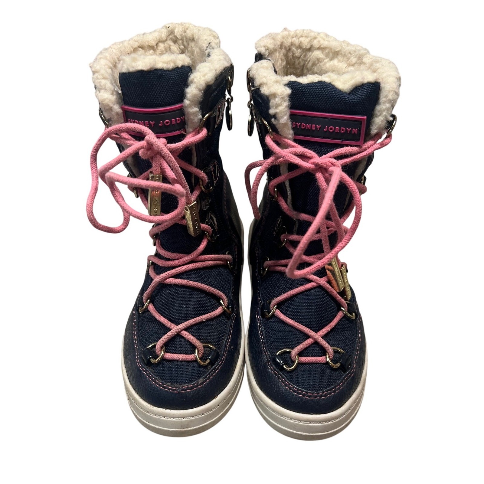 Sydney Jordyn Girls Winter Snow Boots Lace Up Faux Fur Trim Navy Pink Size 10
