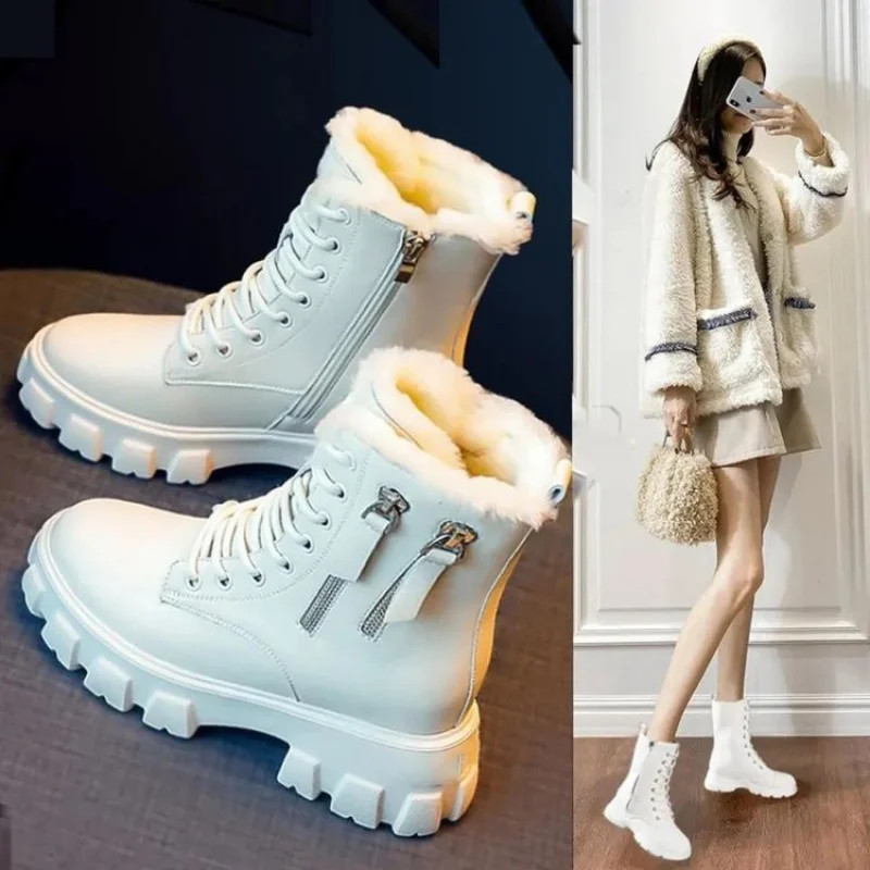 Women Boots 2025 Korean Style High-Top Fleece-Lined Mid-Calf