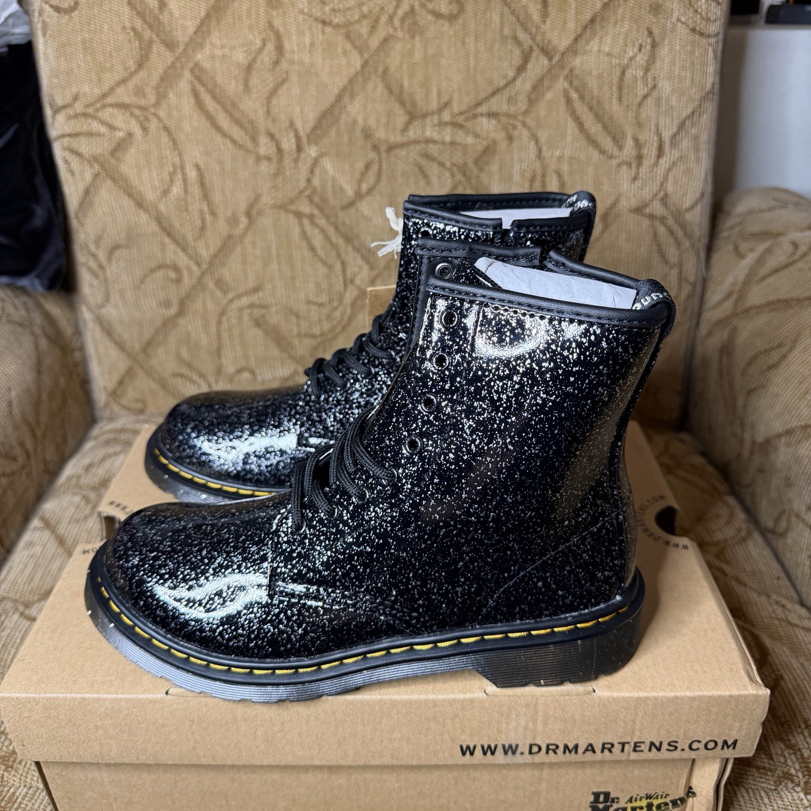 Dr. Martens Black Sparkle Cosmic Glitter 1460 J Lace Up Girls Boots US 6 UK 4