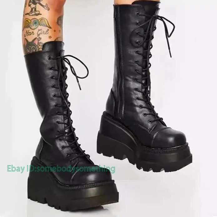 Women Boots Mid-calf Wedge High Heel Platform Lace Up Zip Pumps Round Toe Shoe