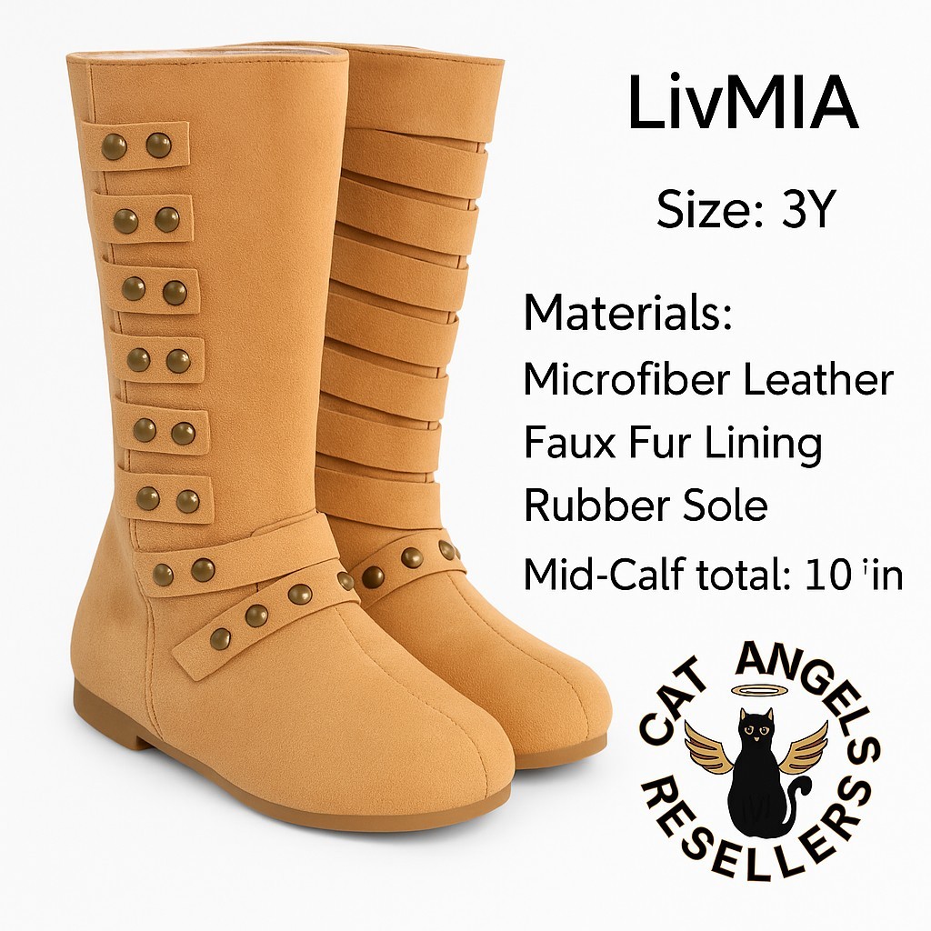 Girls Tan Suede Studded Mid-Calf Boots Size 3Y Faux Fur Lined Zip Up