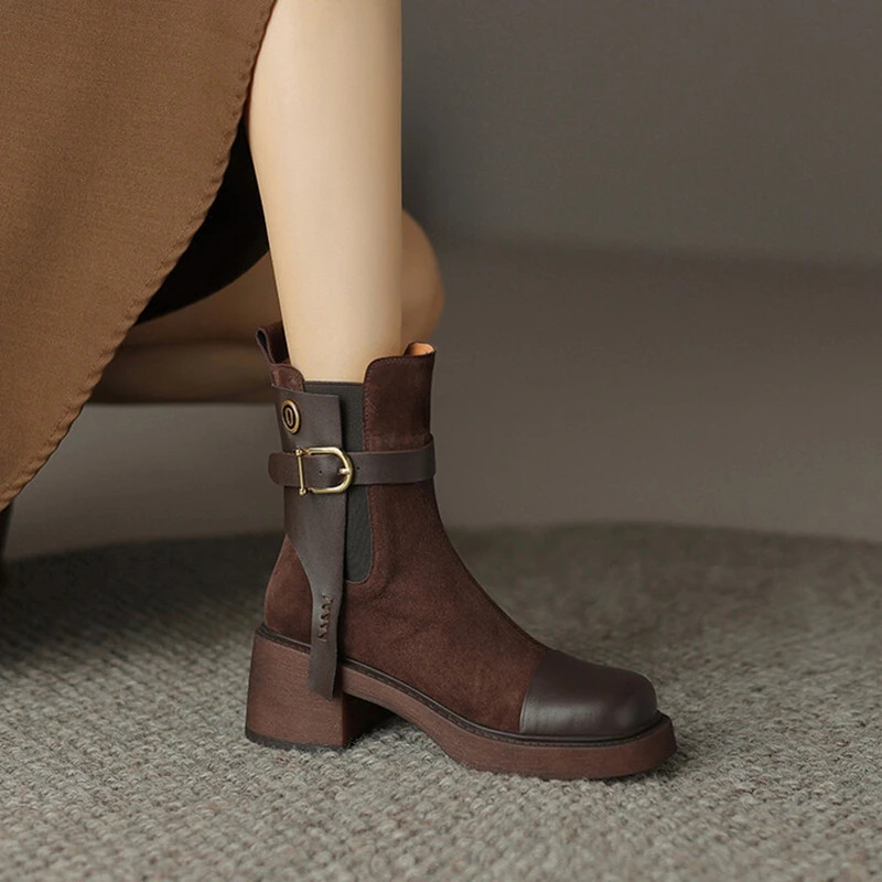 Autumn Women Suede Square Toe Chunky Heel Zip Short Boots Belt Buckle Booties