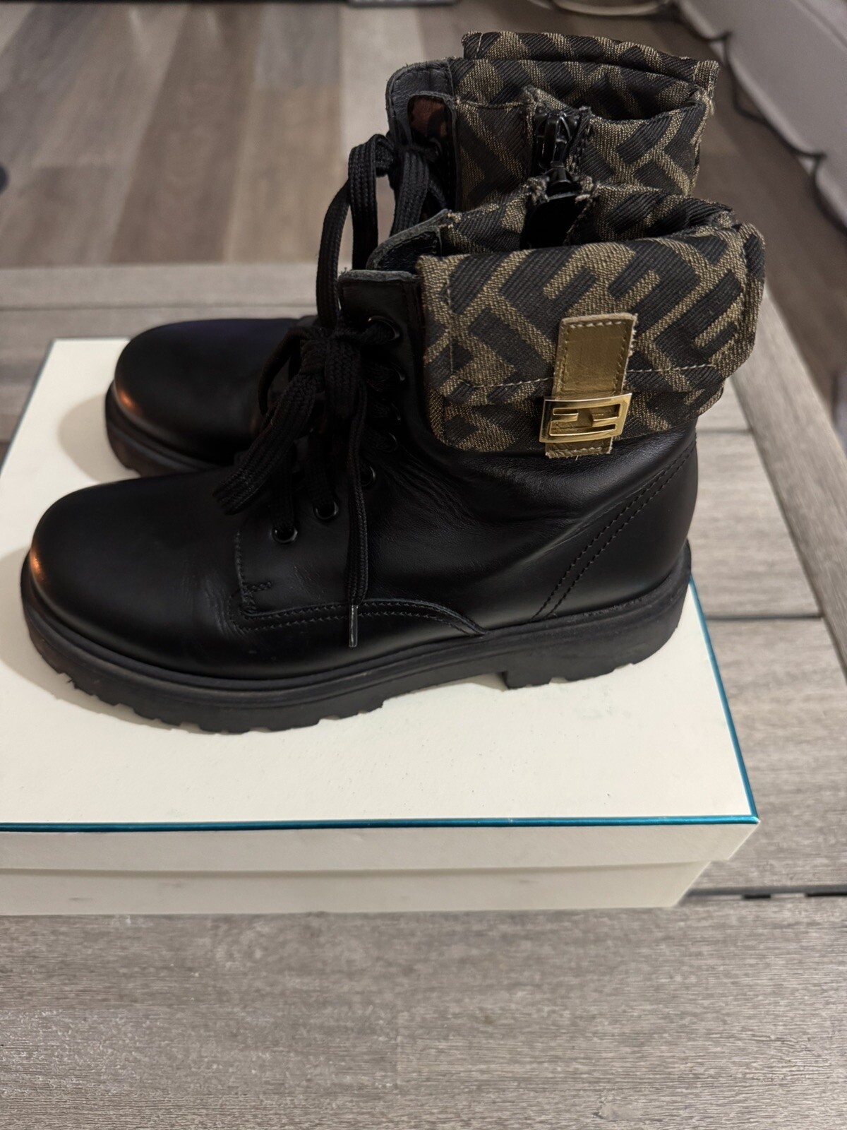 Fendi Girls Leather Baguette Biker Boots in Black EU37