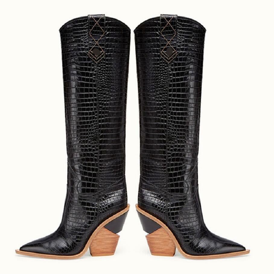Embossed Microfiber High Wedge Heels Pull On Women Boots Western Cowboys Shoes