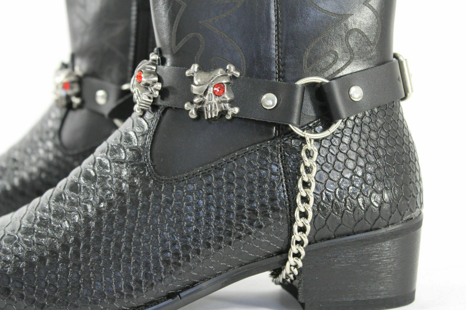 Biker Men Western Women Boots Silver Chains Pair Leather Straps Skulls Pirates