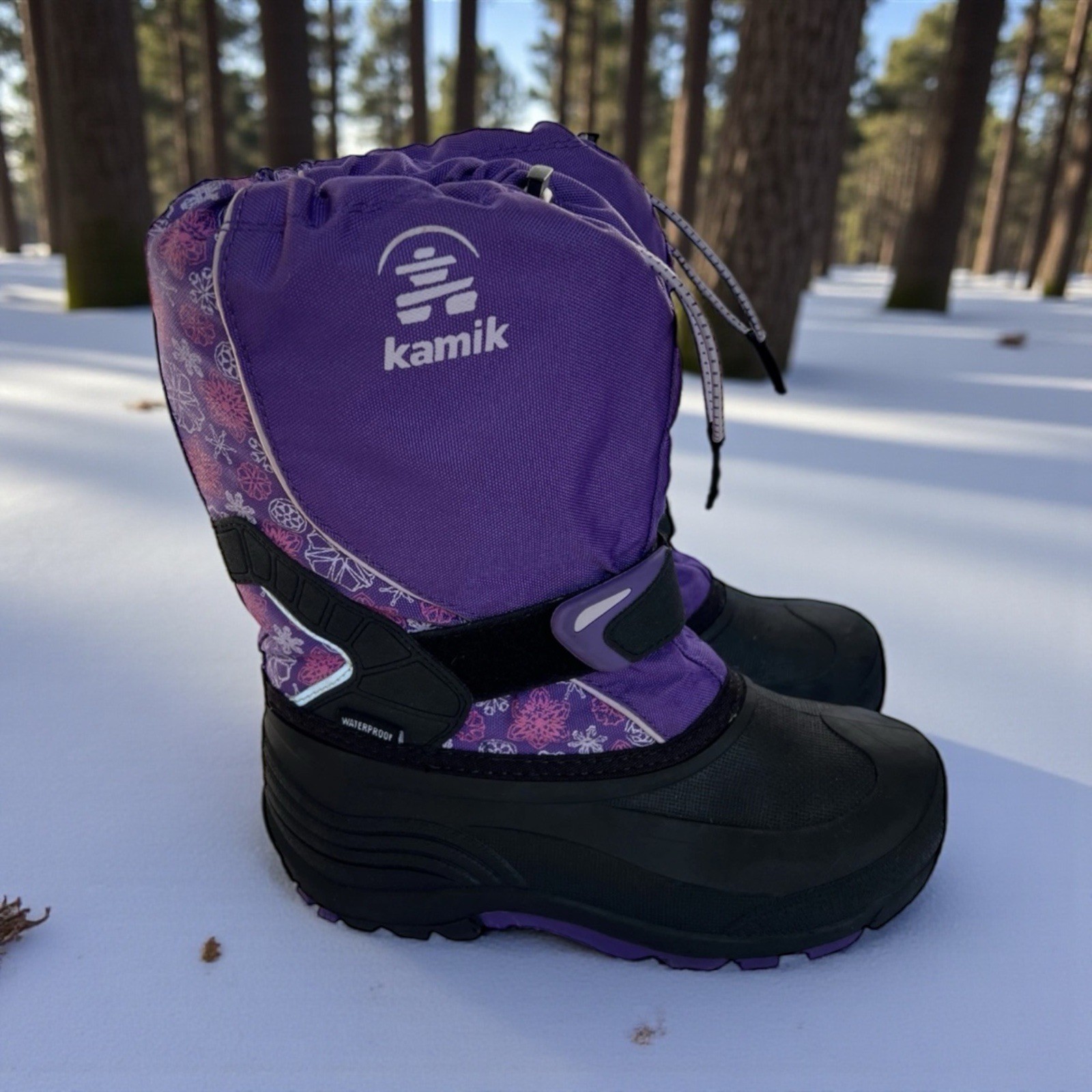 Kamik Youth Girls Boots Size 3 With Liners Snow / Waterproof Purple Pink Floral