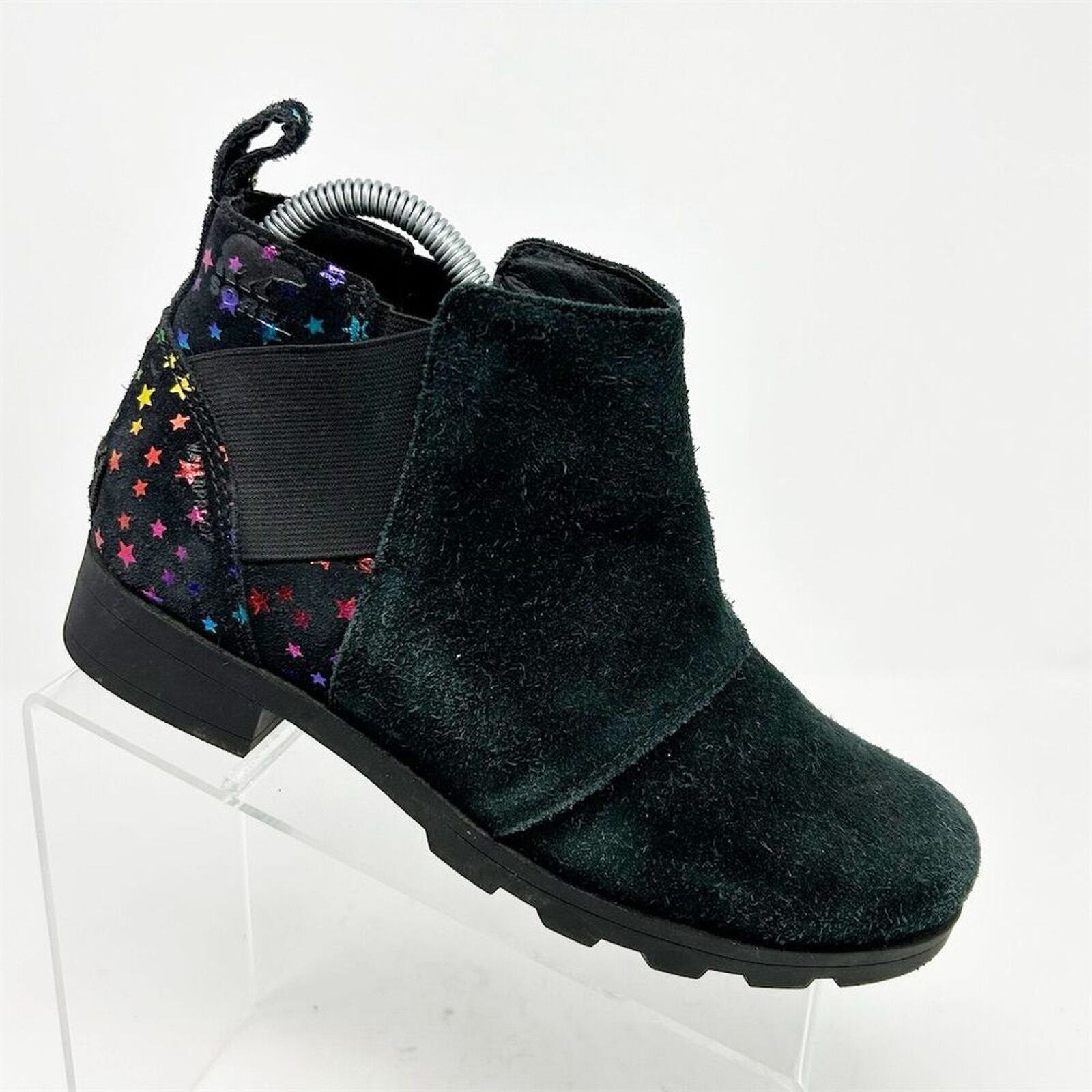 Sorel Emelie Black Leather Chelsea Boots Girls Size 5 Multicolor Rainbow Stars