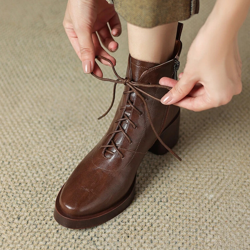 Autumn/Winter Women Round Toe Chunky Heel Boots Lace-up Zipper Ankle Boots