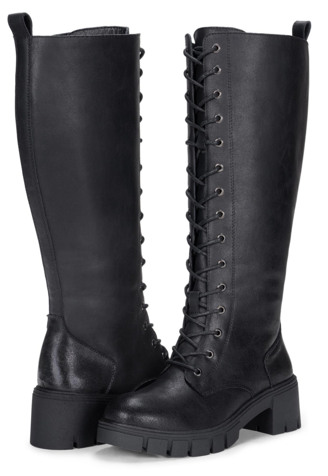 Vepose Women’s Coated Leather Blackpu Lace Platform Combat Knee High Boots…