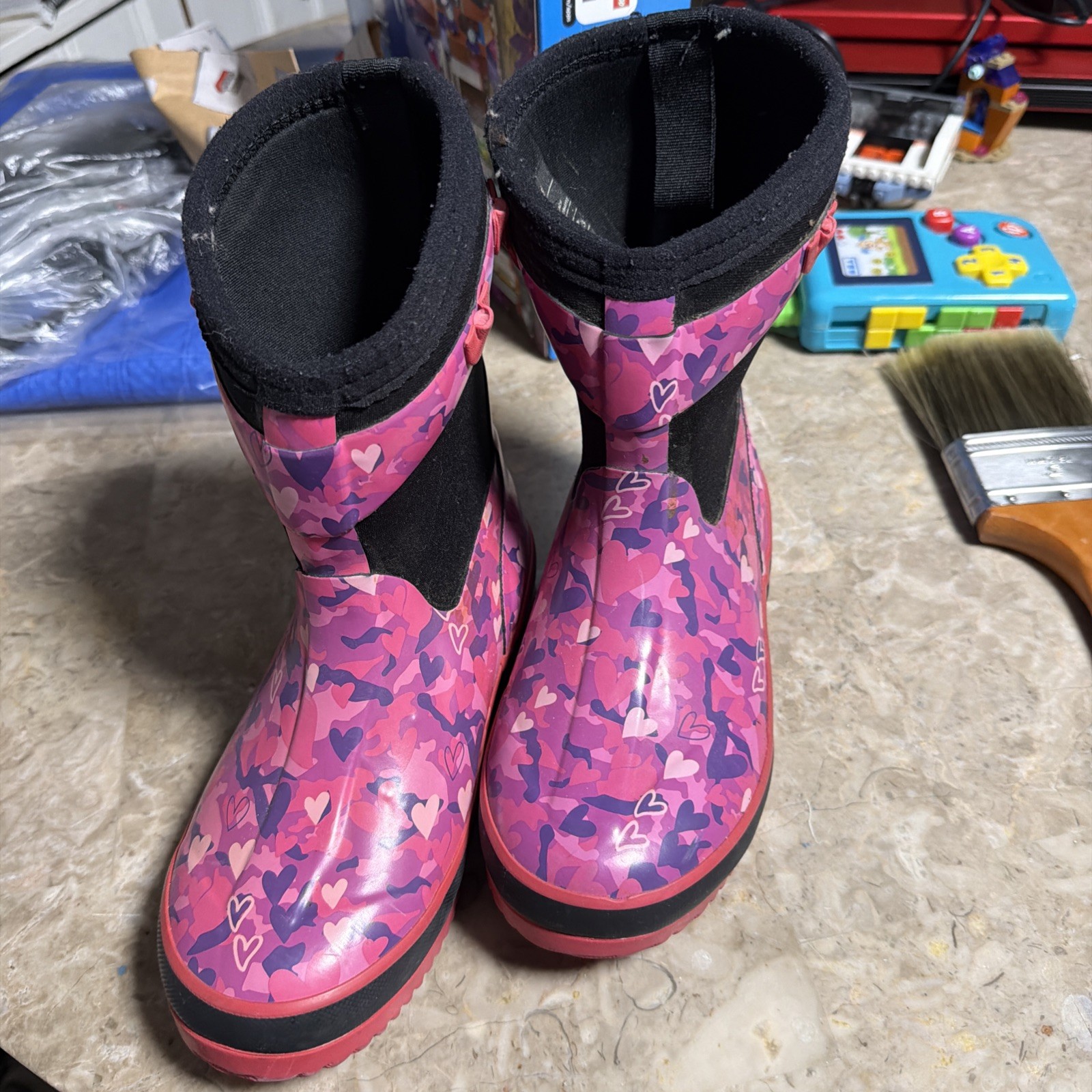 Western Chief Girls Boots Kids Sz 13/1 Waterproof Neoprene Pink Hearts Rain Snow