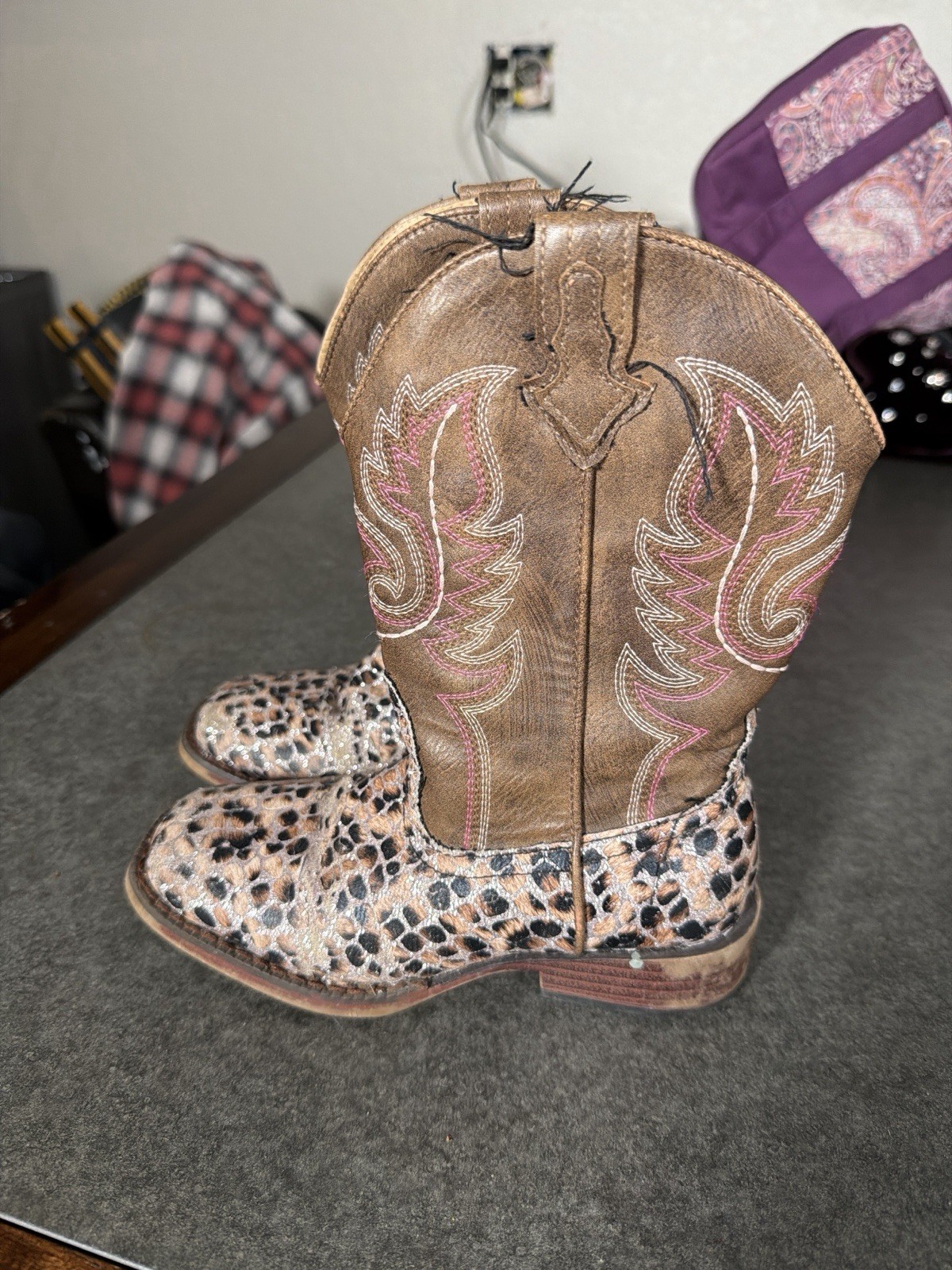 Roper Kids Cowboy Boots Size 12 Leopard Print Brown Pink Western Girls Boots