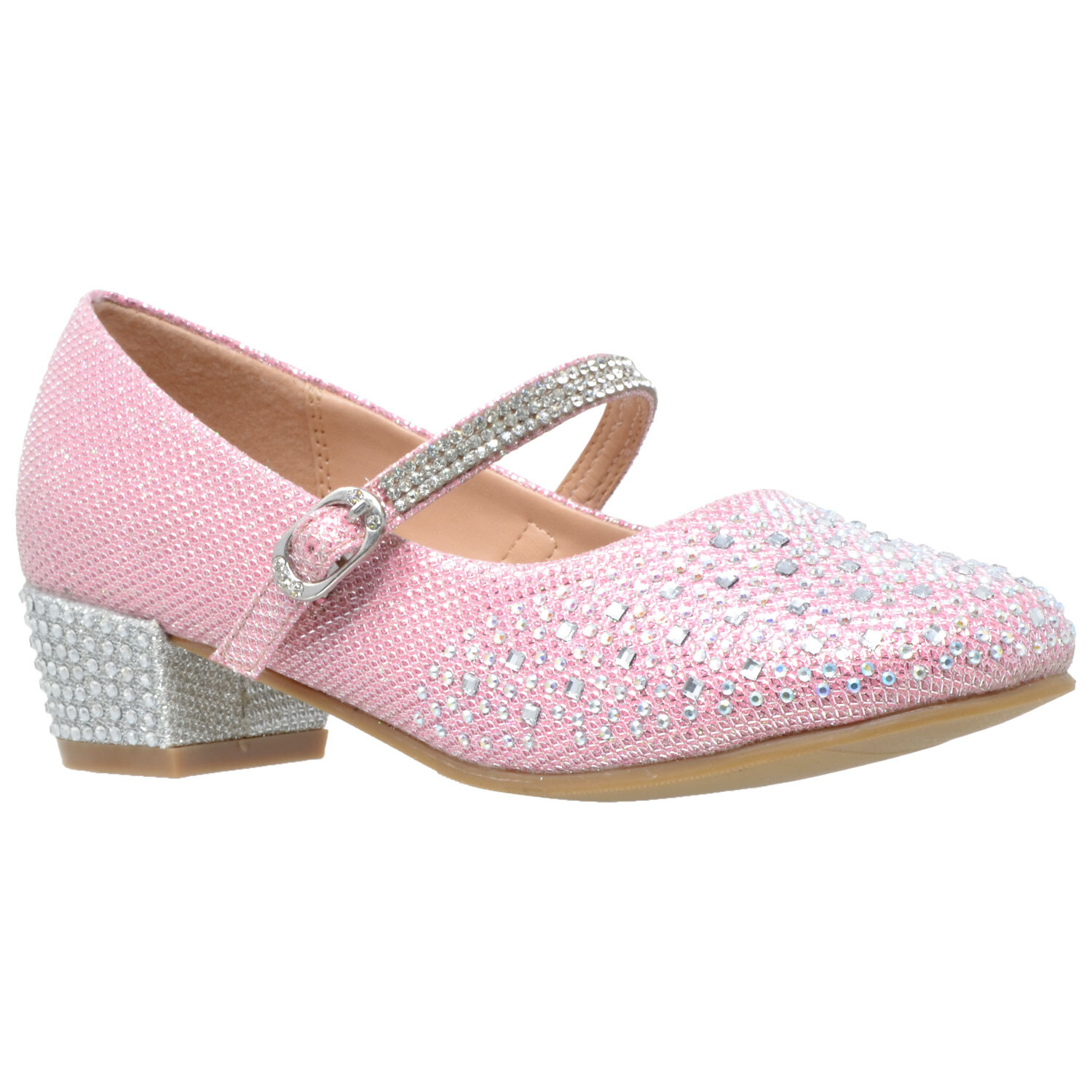 SOBEYO Kid Girls Dress Shoes Glitter Rhinestone Low Heel Mary Pumps Pink Glitter