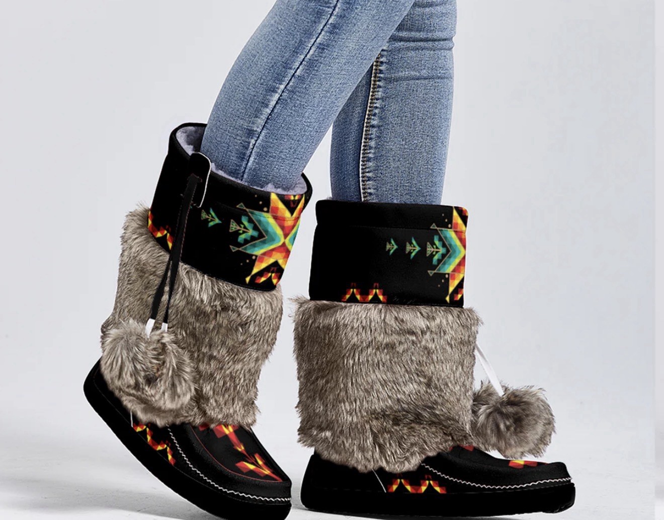 49dzine Dreams of the Ancestors Real Black Leather MocLux  Fur Women Boots Sz 8