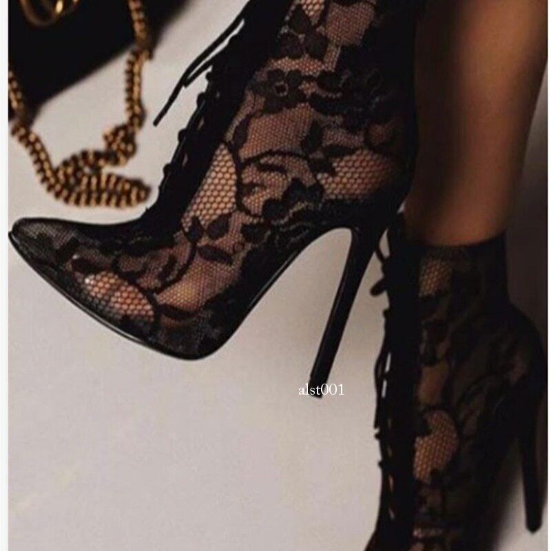 Black Mesh Women Boots Pumps Floral Lace-Up Thin High Heels Ankle Pointed Toed