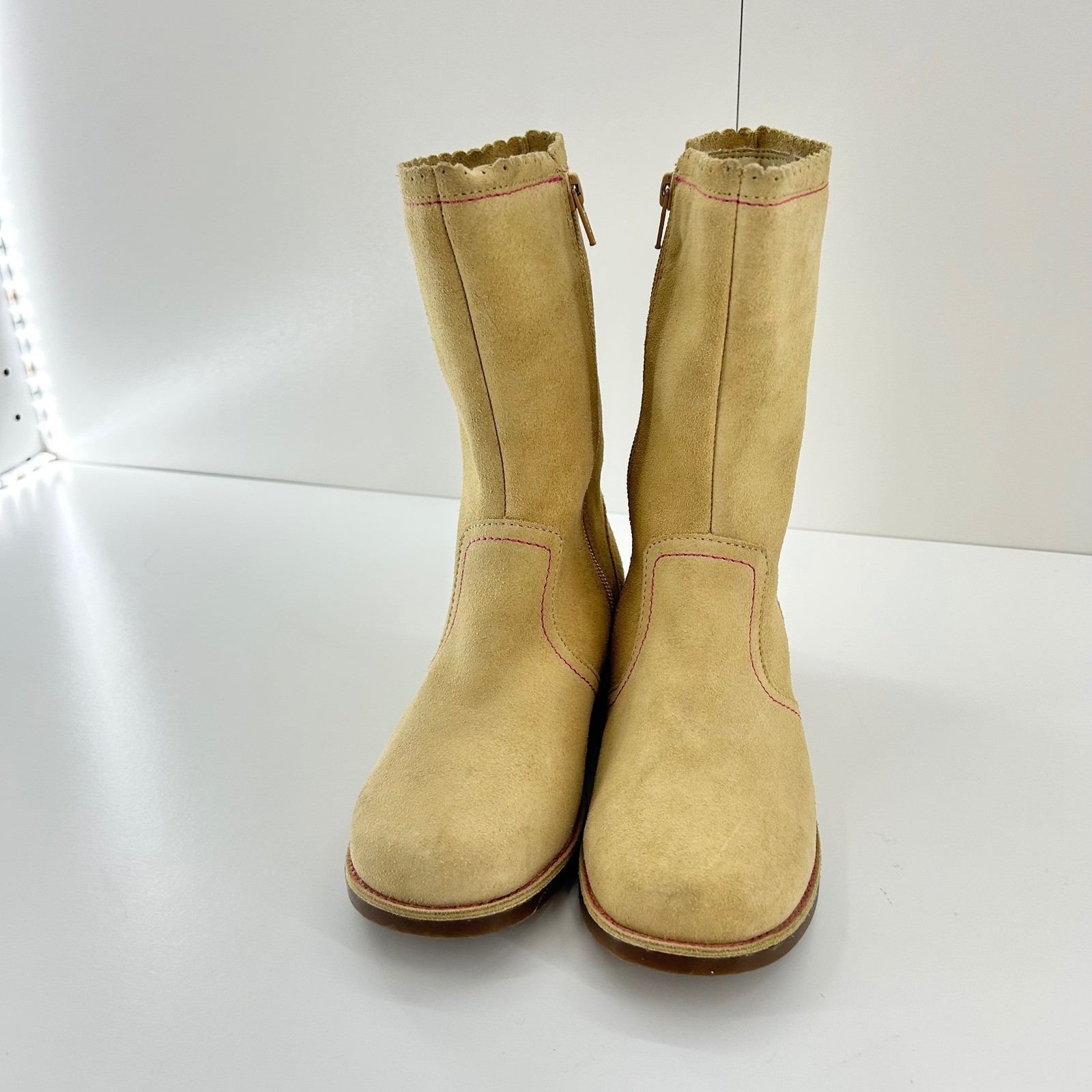 Lands End Kids Tan Suede Boots Pink Stitching Scalloped Top Zip Closure Girls 3