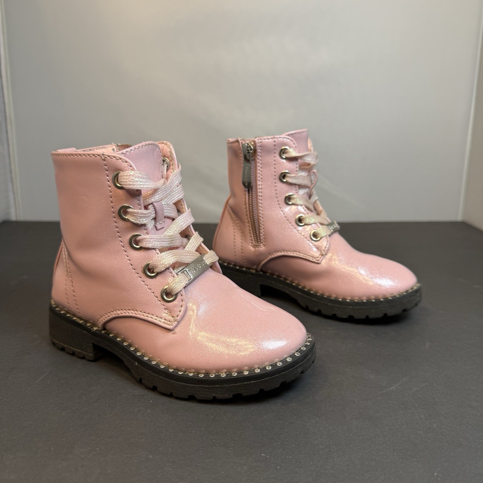 Tahari Glittery Pink Zip Up And Lace Up Leather Boots Toddle Girls Size 8 EUC