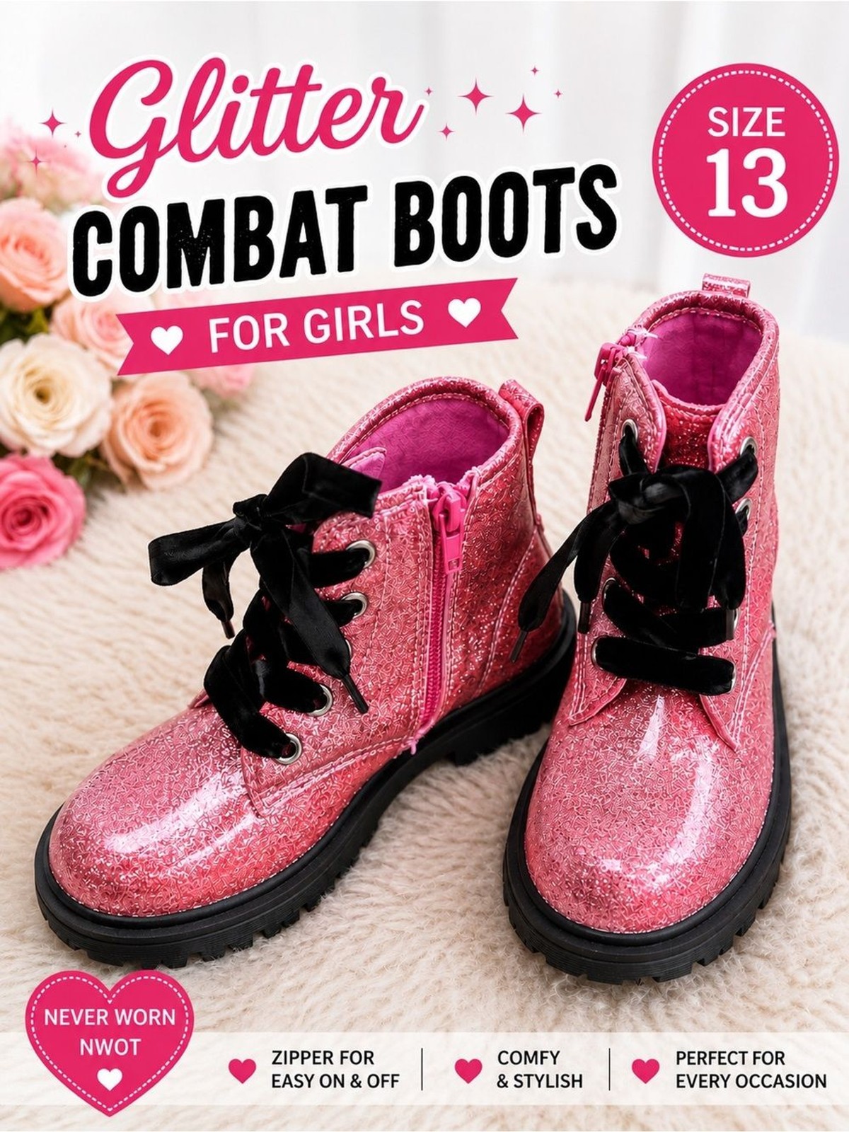 Girls Pink Glitter Combat Boots Size 13 NWOT Side Zip