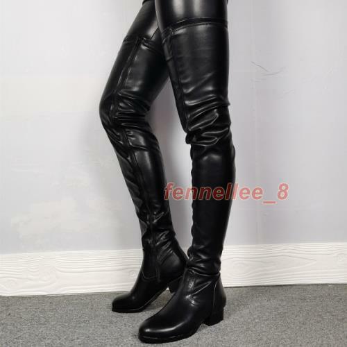 Over Knee Women Boots Thigh High Side Zip Low Chunky Heels Faux Leather Shoes