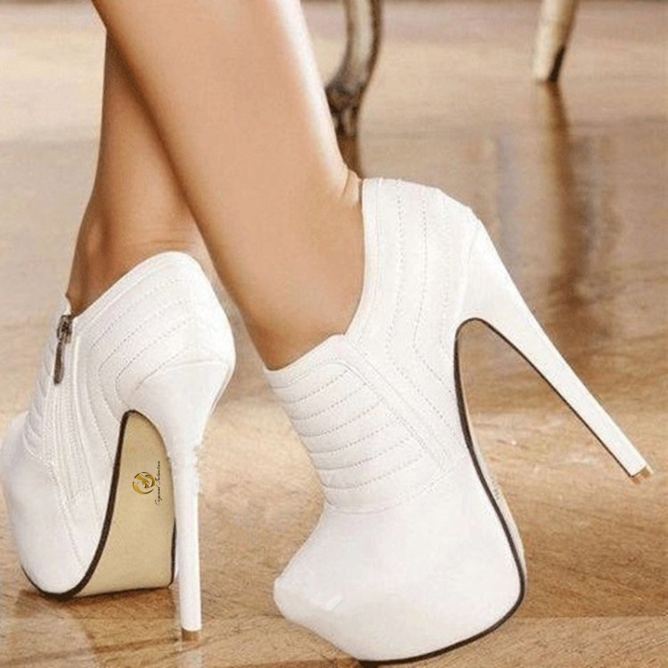 Fashion Women Ankle Boots Round Toe Thin High Heels Zip Boots White Shoes Woman