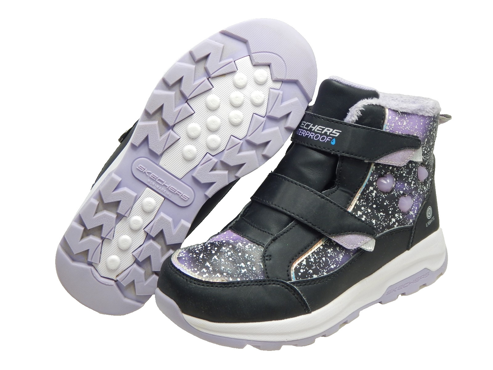 Skechers S-Lights Girls Winter Boots Purple Black Galaxy Size 2 Waterproof