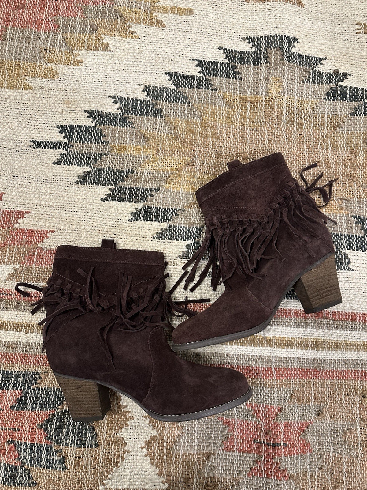 Women Boots Sbicca Collection fringe suede leather Khaki Brown Boho Heeled Sz 9