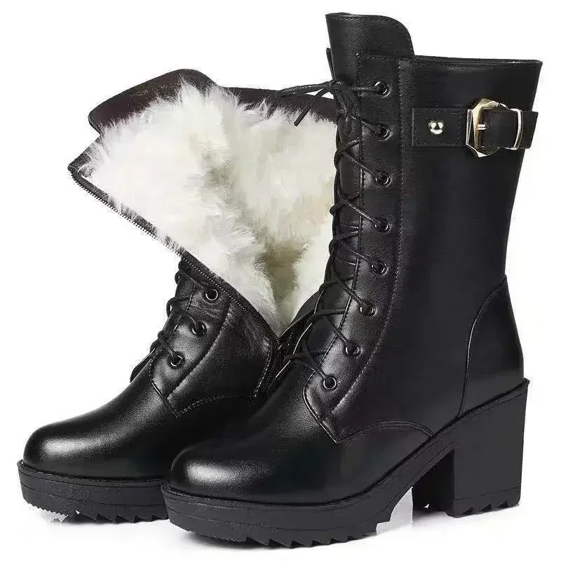 2025 Winter Leather Women Winter Boots Thick Wool Warm Women High-heeled Genuine