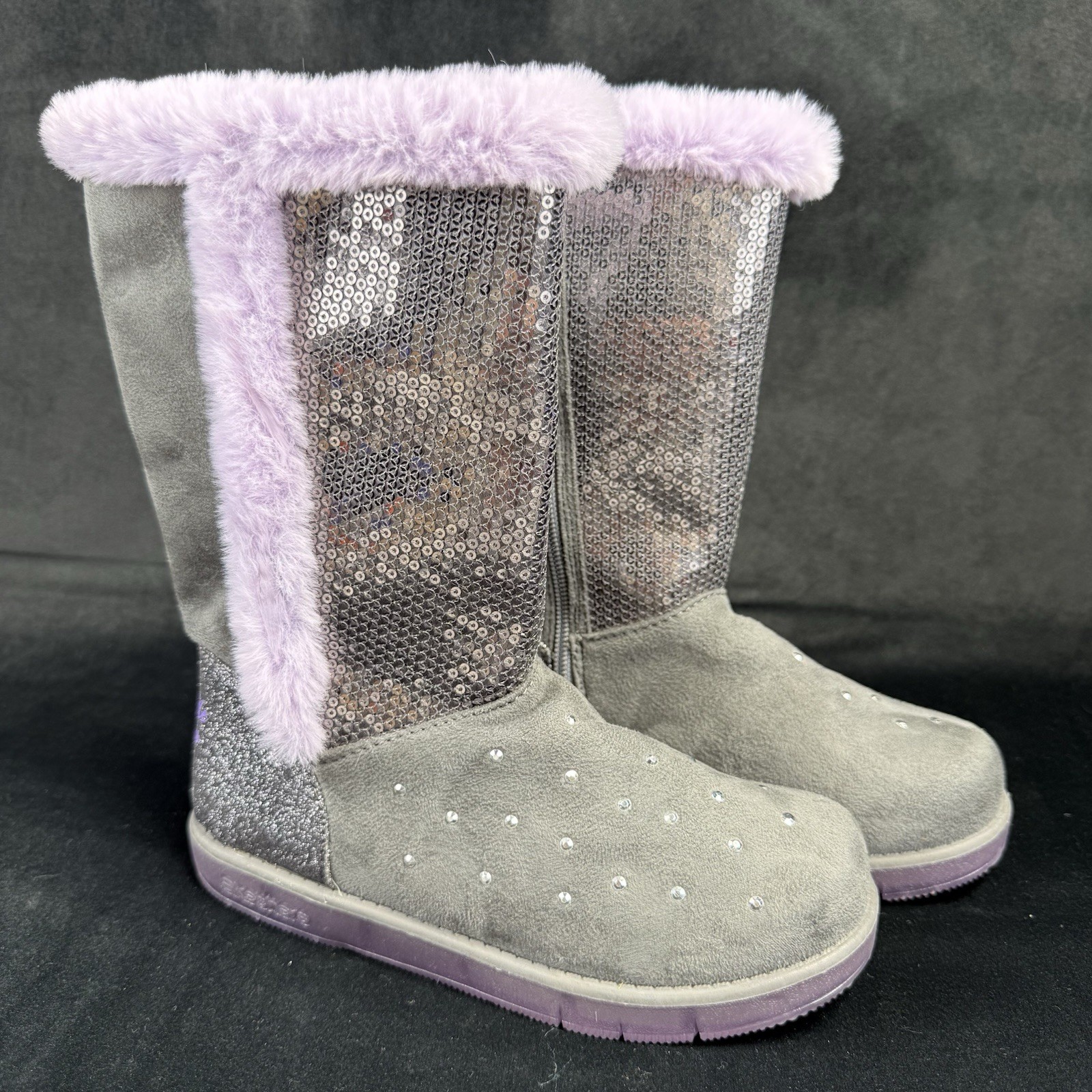 Skechers Twinkle Toes Light-Up Sequin Gray and Violet Girls Boots Size 1 Youth
