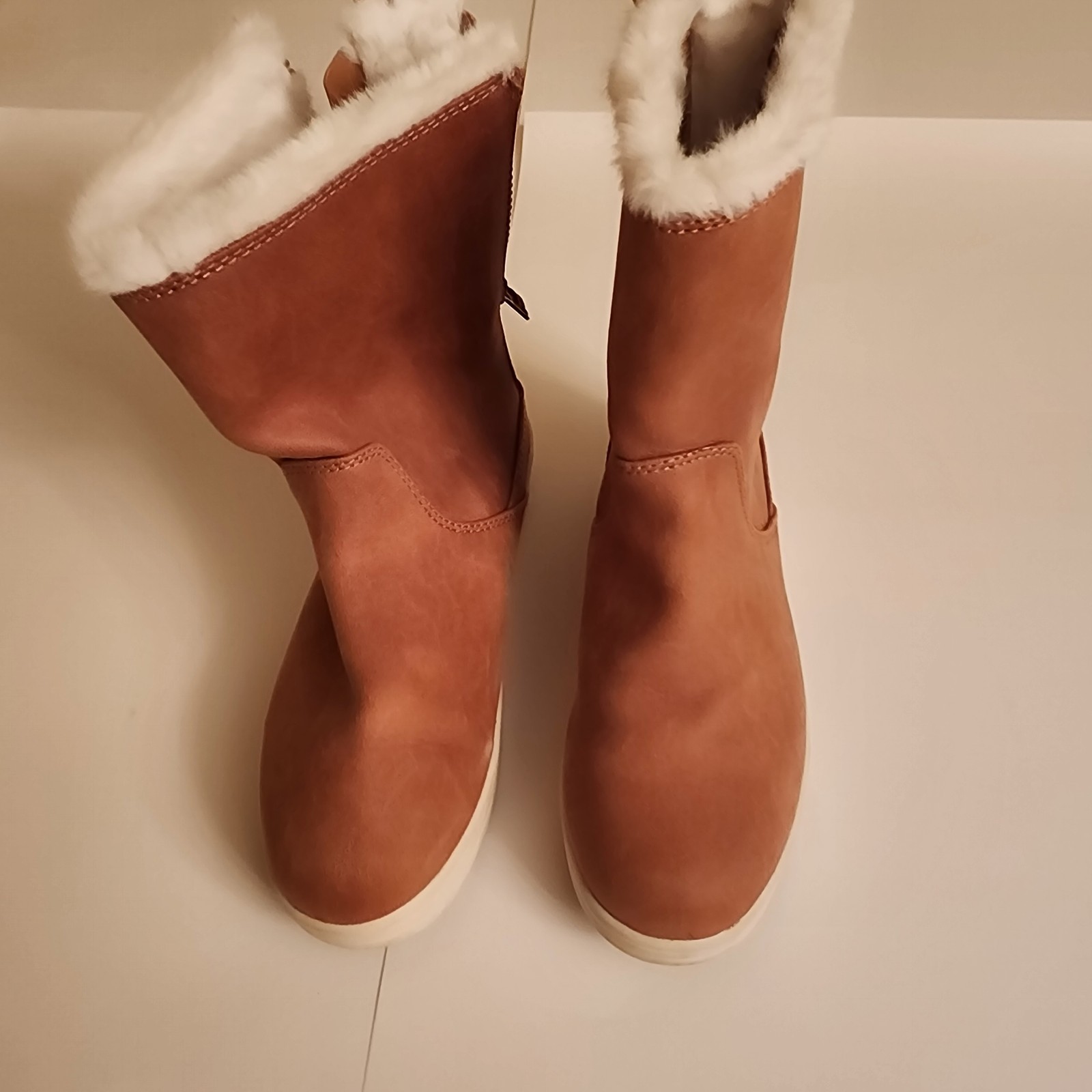 Cat And Jack Girls Boots Size 3 Tan Zip Up Faux Fur Textile Youth Winter