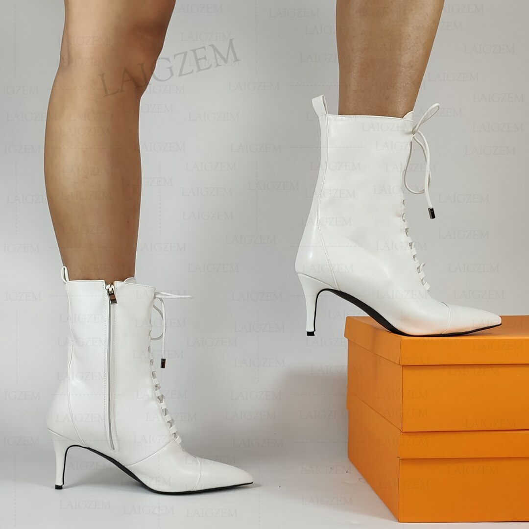 Women Boots Pointed Toe Side Zip Up Mid Heel Ankle Boots Ladies Shoes Woman