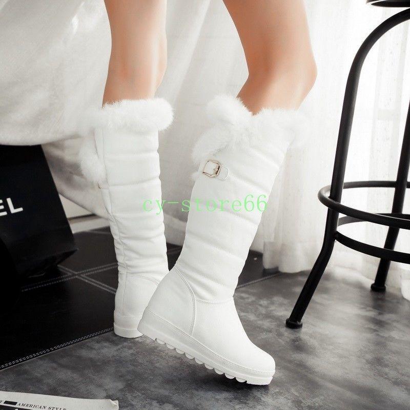 Women’s Warm Fleece Knee High Winter Snow Boots Buckle Wedge Mid Heel Shoes Lady