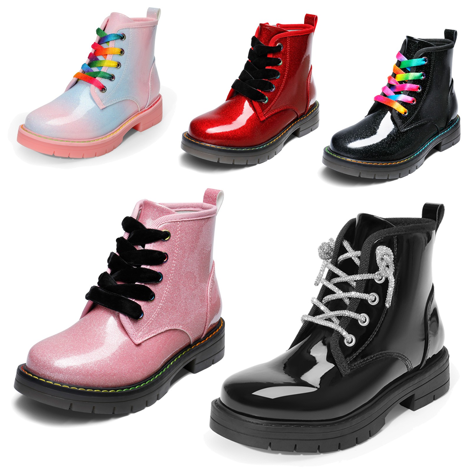 Kids Girls Boys Ankle Boots Side Zipper Sparkly PU Leather Combat Boots