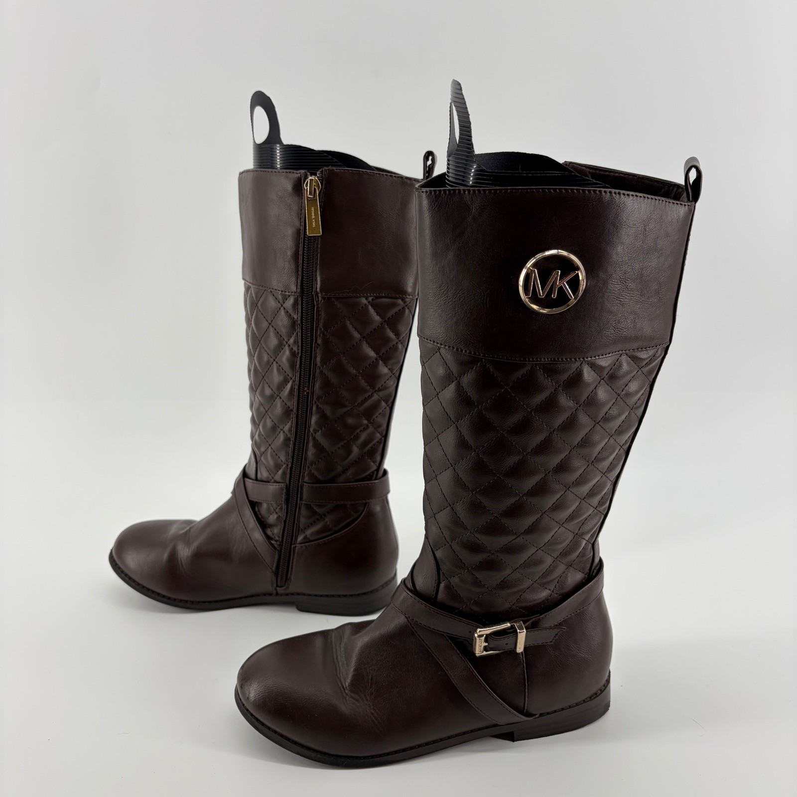 Michael Kors Girls Brown Quilted Riding Boots Gold Buckle MK Logo Size 4