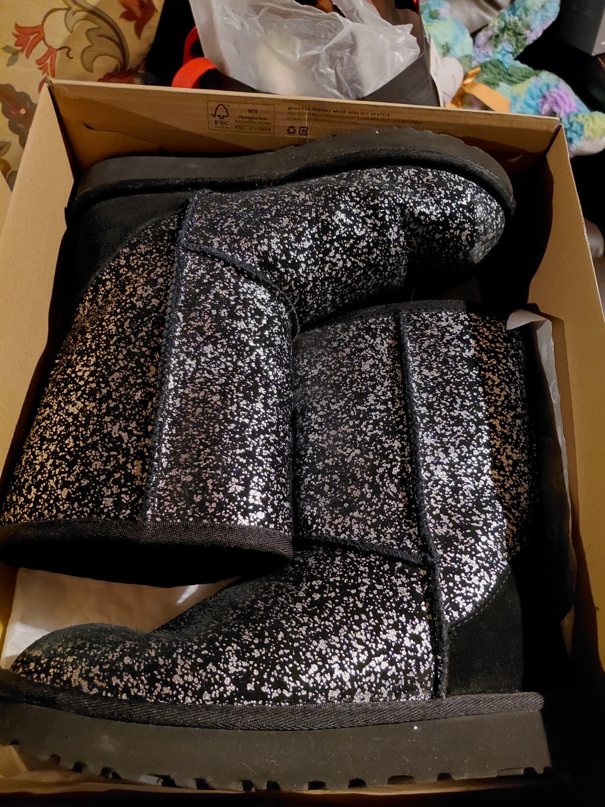 UGG Classic Short Comsos Sequin Women Boots – Black/Gunmetal, US 6