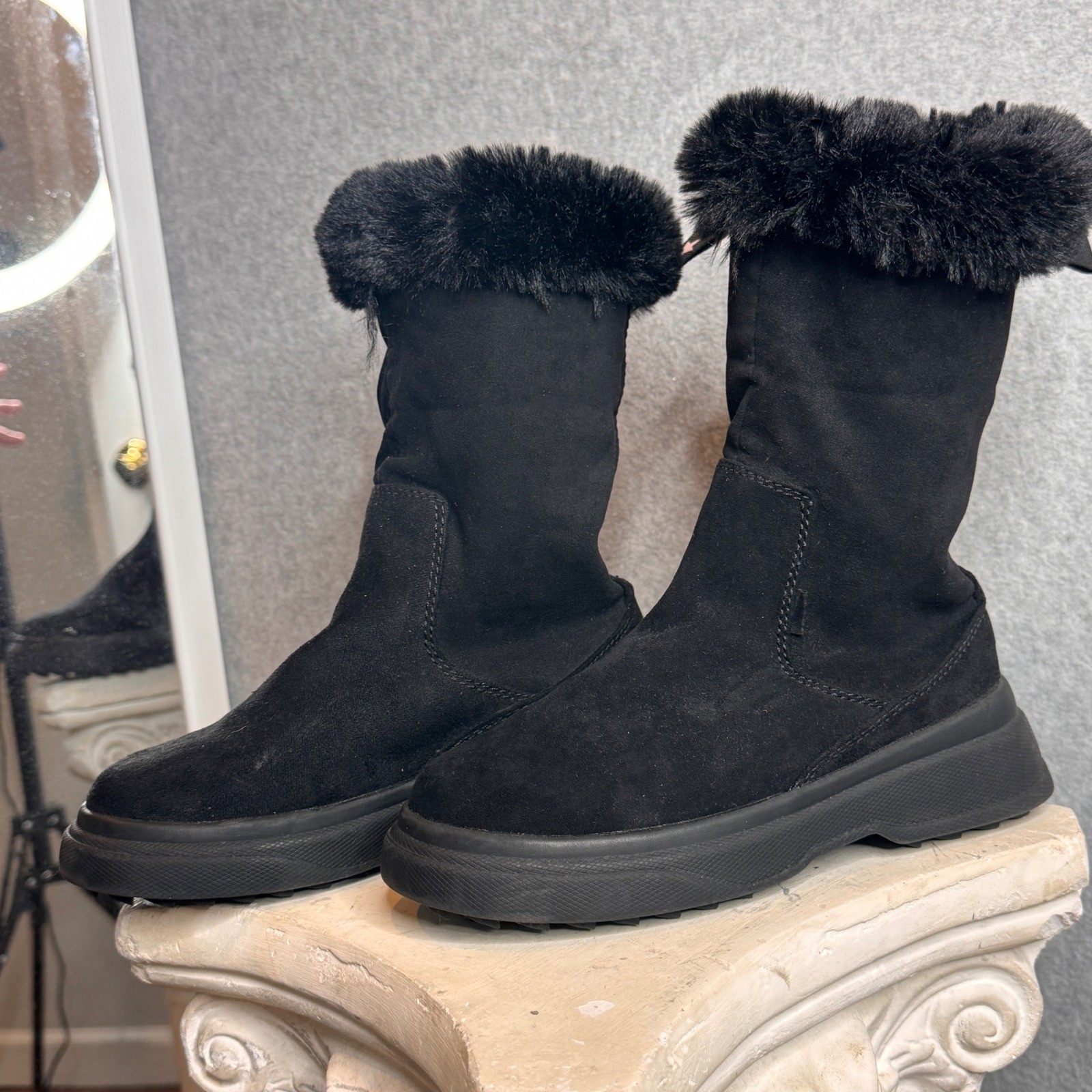 Zara Kids Faux Fur Ankle Booties Black Suede Boots Chunky Platform Size 1Y
