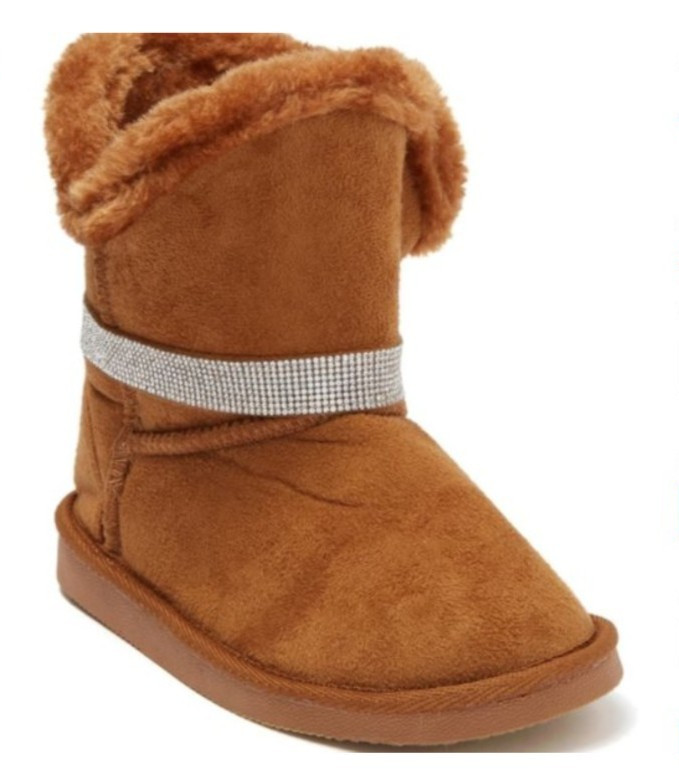 Bebe Girls  Winter Boots Cognac Faux Fur Trim Rhinestone band  Sz 3,