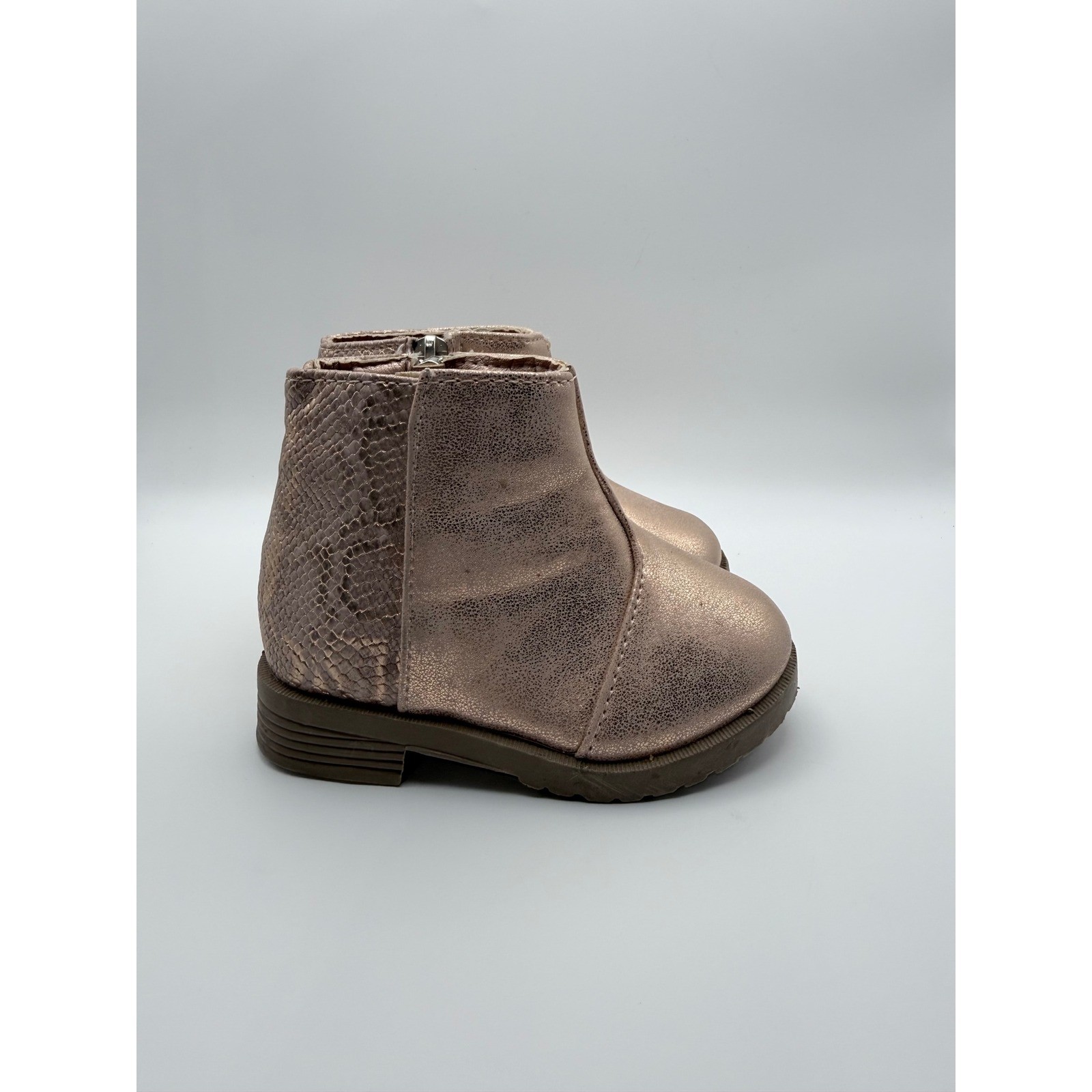 Kids Rose Gold Metallic Ankle Boots Side Zip Snake Print Back Size 5