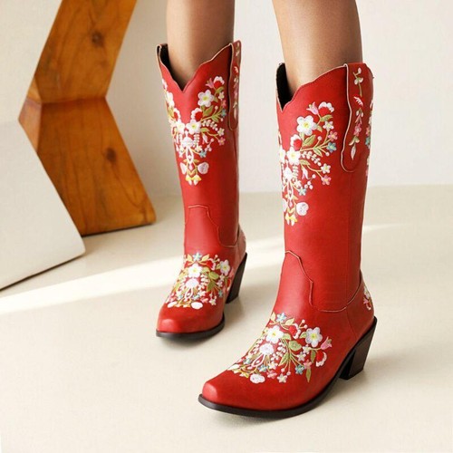 Women‘s Western Embroidery Floral Tall Mid Calf Boots Cowboy Knight Shoes Heels