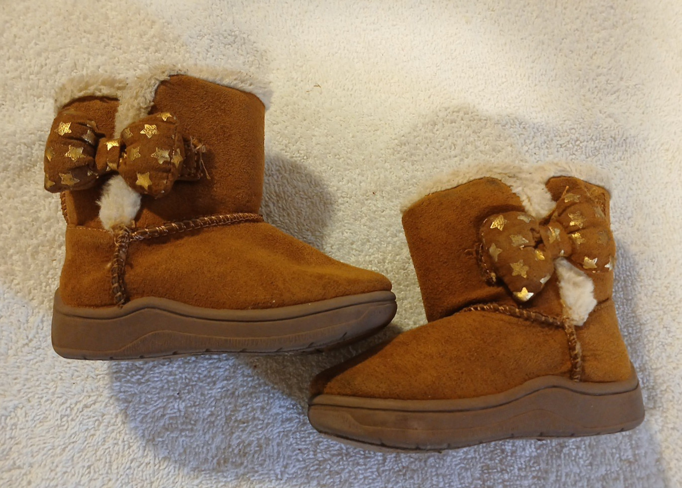 Garanimals Toddler Girls Faux Shearling Boots Size 3 Brown Side Bow Gold Stars
