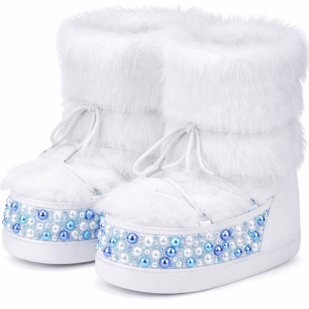 Custom Pearl Rhinestone women Winter Boots | Fur Snow Boots