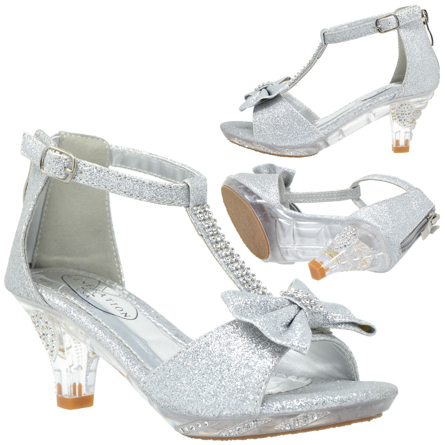 Girls Clear Heel Sandal T-Strap Rhinestone Glitter Clear Party Kids Shoes Silver