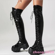 Over Knee High Boots Platform Shiny Leather Punk Women’s Motorcycle Riding Shoes