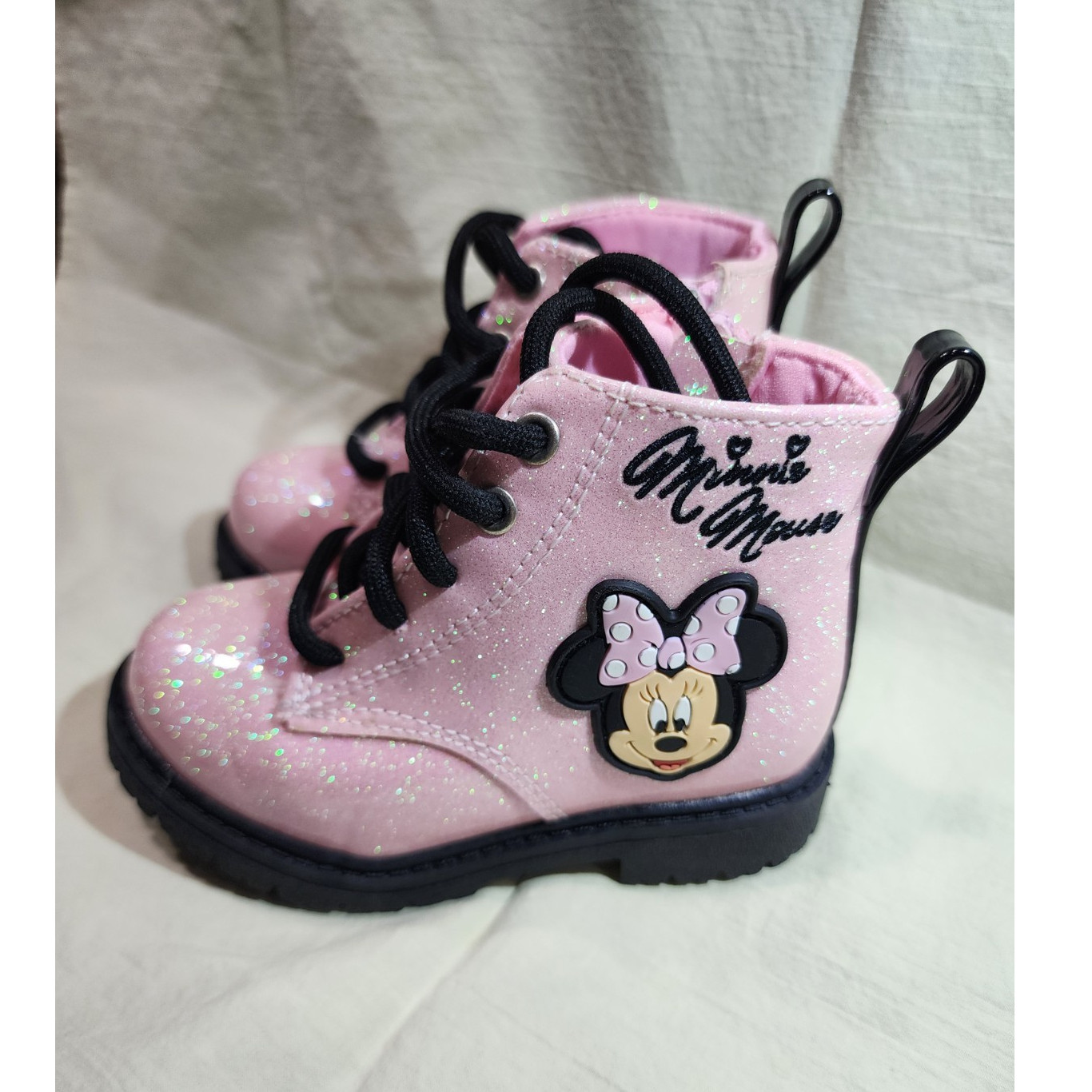 Disney Minnie Mouse Pink Glitter Girls Boots Lace Up Side Zip Size 6