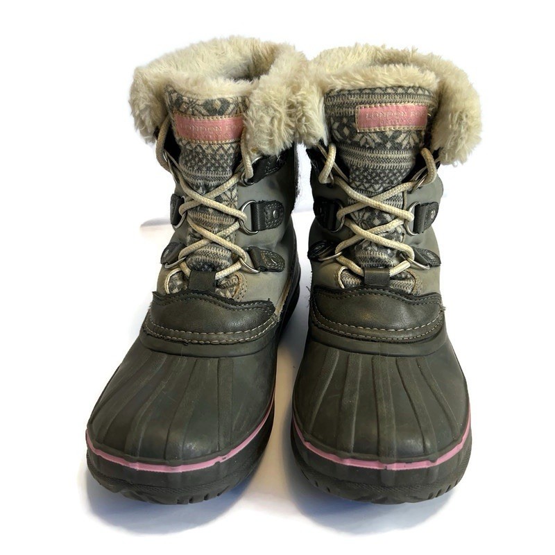 LONDON FOG  Girls Winter Boots Tottenham Sz 3Y Faux Fur Lined Fair Isle Gray