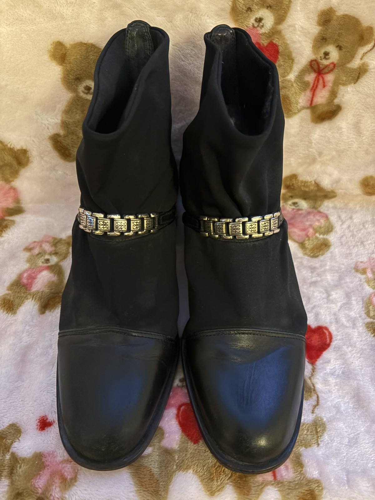 Black Stretchable Canvas BRIGHTON Women Boots w/ Leather Trim made in Brazil GUC