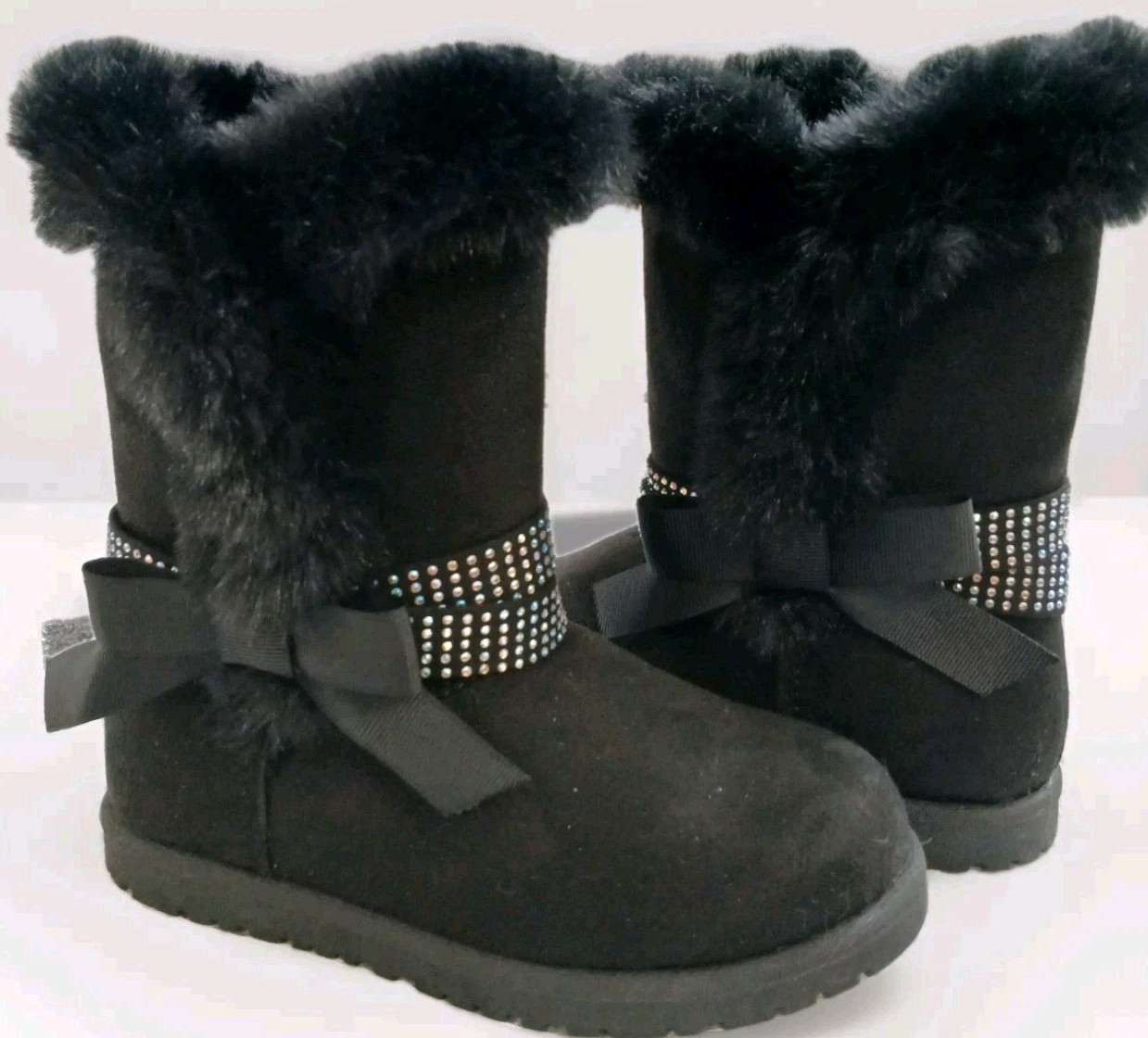 New Faux Suede & Fur Lined Winter Boots Girls Size 10 Black Rhinestone Bow NWT