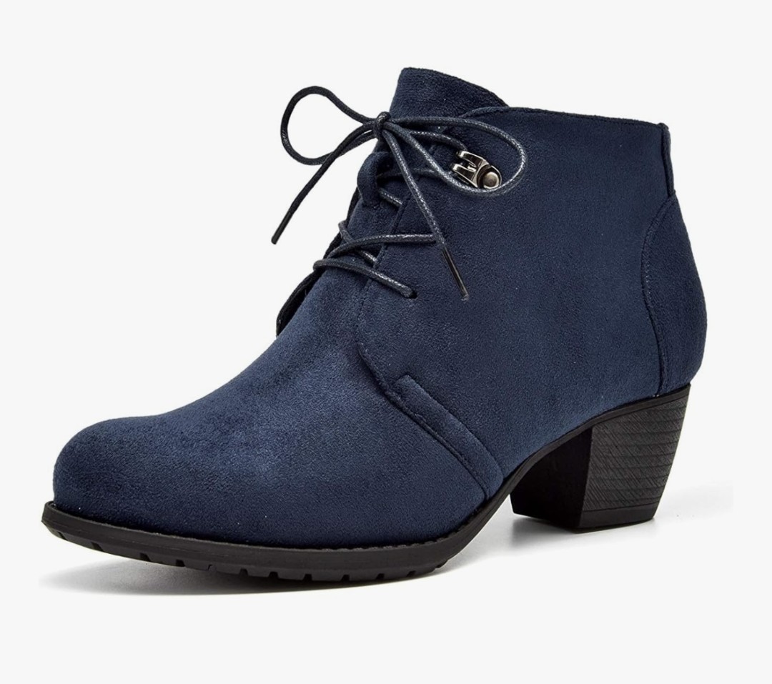 Size 11 Navy Ankle Boots LaceUp Comfy Anywhere Low Heel Booties with Side Zipper