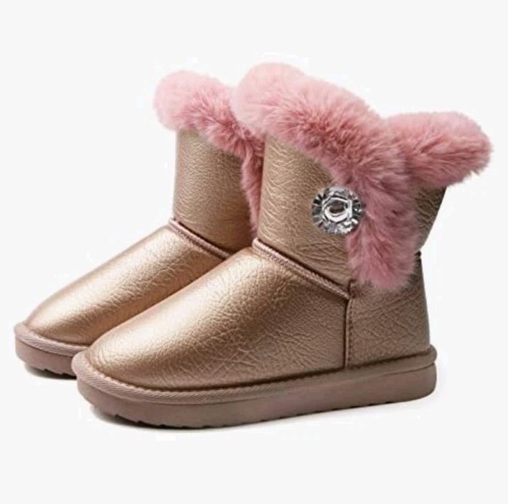 APAWWA Girls Boots Fur Lined Slip-On Warm Girls Pink Snow Boots SZ GIRLS 13