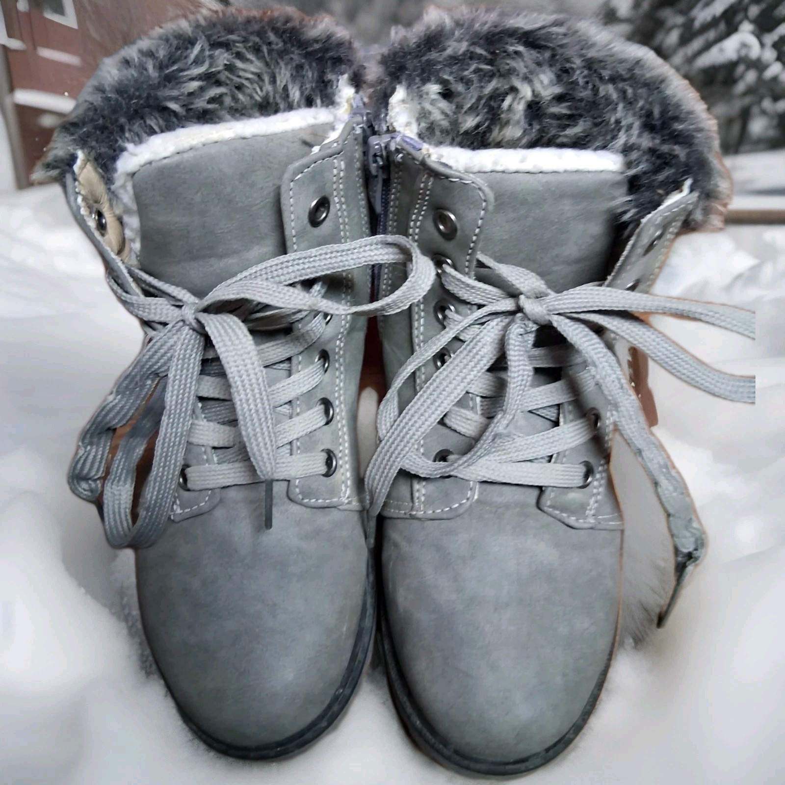 Après Youth Girls Winter Boots Gray Faux Fur Lined Lace-Up Size 13 Y Waterproof
