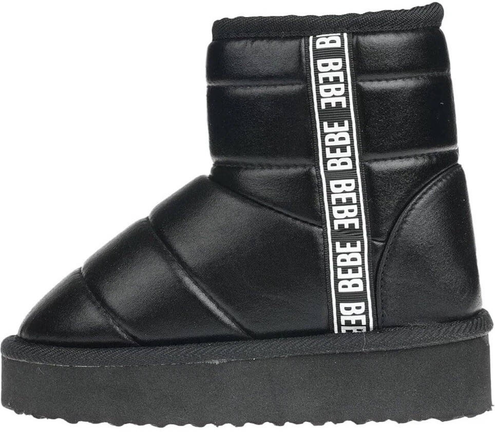 Bebe Girls Cozy Ankle Snow Boots Black Logo Strap Winter Boots Size 4 Kids